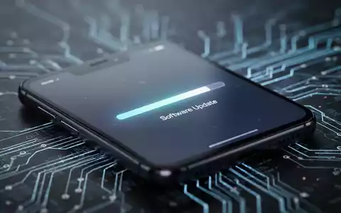 A smartphone screen shows a software update progress bar, with glowing digital elements in the blurred background. - Foto: über boerse-global.de