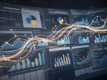Abstract digital image representing data flow and optimization, with glowing lines connecting spreadsheet elements and code snippets. - Foto: über boerse-global.de