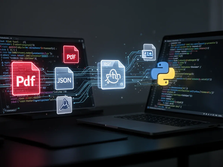 Abstract visualization of data conversion with glowing lines connecting file type icons like PDF and JSON, on a dark desk with a laptop. - Foto: über boerse-global.de