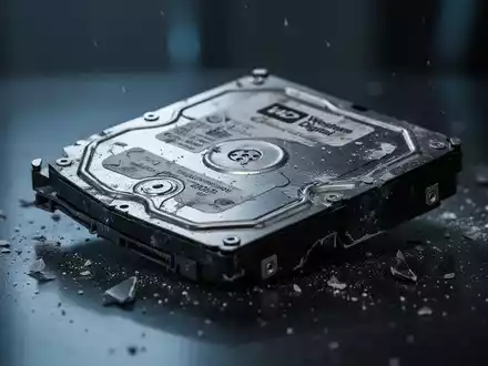 Eine Nahaufnahme einer beschädigten Western Digital Festplatte auf einer dunklen Oberfläche, die Rückgang und negative Marktereignisse symbolisiert. - Foto: über boerse-global.de