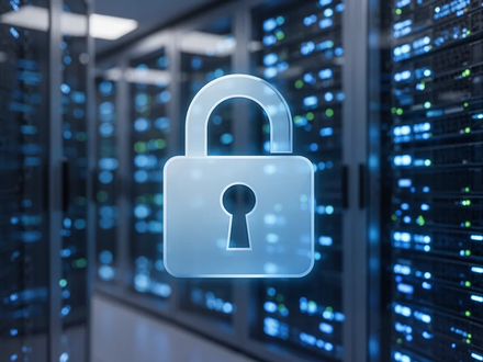 Ein stilisiertes digitales Vorhängeschloss-Symbol über einem verschwommenen Hintergrund eines modernen Rechenzentrums mit blauen Serverlichtern. - Foto: über boerse-global.de
