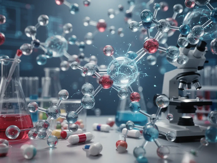 Nahaufnahme einer stilisierten Darstellung von Molekülen oder DNA-Strängen, die pharmazeutische Forschung symbolisieren. - Foto: über boerse-global.de