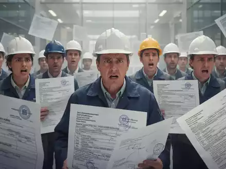 Fachkräfte mit Bauhelmen und Uniformen navigieren frustriert durch einen Irrgarten aus überdimensionalen Dokumenten und Stempeln. - Foto: über boerse-global.de