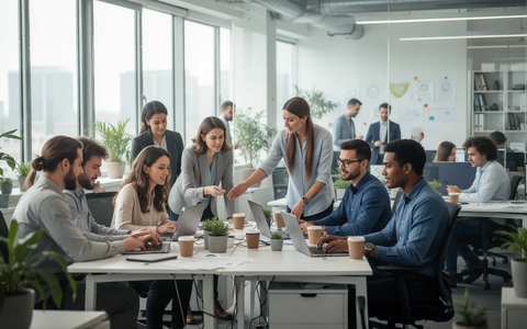 Mitarbeiter in einem modernen Büro arbeiten zusammen und individuell, symbolisch für betriebliche Gesundheitspolitik und Produktivität. - Foto: über boerse-global.de