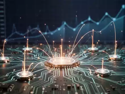 Eine stilisierte, leuchtende Leiterplatte mit Lichtlinien, die Knotenpunkte verbinden, im Hintergrund eine unscharfe aufsteigende Grafik. - Foto: über boerse-global.de