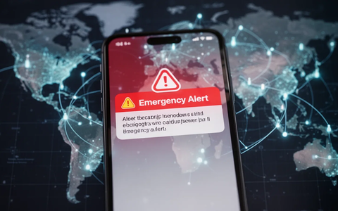 A smartphone displaying an emergency alert, with a blurred global map in the background, symbolizing worldwide alert systems. - Foto: über boerse-global.de