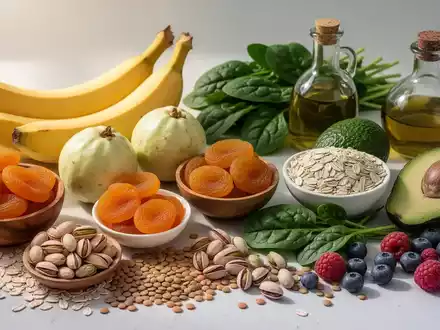 Eine Stillleben-Anordnung von gesunden Lebensmitteln wie Bananen, Guaven, Pistazien und Spinat, die den Blutdruck senken. - Foto: über boerse-global.de