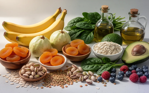 Eine Stillleben-Anordnung von gesunden Lebensmitteln wie Bananen, Guaven, Pistazien und Spinat, die den Blutdruck senken. - Foto: über boerse-global.de