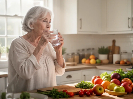 Ältere Frau trinkt Wasser in einer hellen Küche mit Obst und Gemüse. Sie trägt leichte Kleidung. - Foto: über boerse-global.de