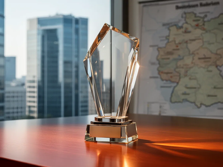 Ein glänzender Award-Pokal auf einem Holztisch, im Hintergrund verschwommen moderne Bürogebäude und eine Bayernkarte. - Foto: über boerse-global.de