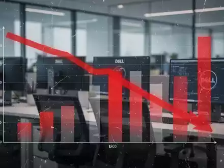 Ein stilisierter roter Balken, der einen starken Rückgang der Bruttomarge darstellt, vor einem verschwommenen Bürohintergrund. - Foto: über boerse-global.de