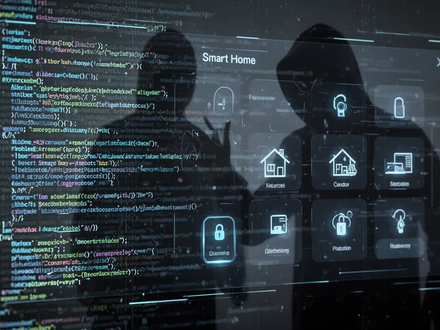 A digital smart home interface with glowing code, a subtle shadow figure manipulating the system, symbolizing a security breach. - Foto: über boerse-global.de