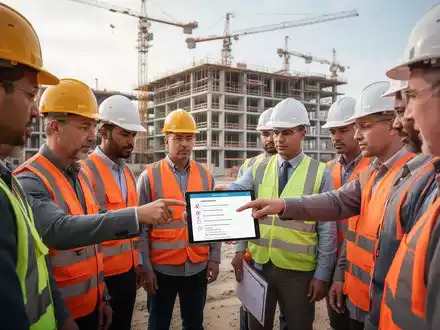 Bauarbeiter in Schutzkleidung nehmen an einer Sicherheitsschulung auf einer Baustelle teil, ein Arbeiter zeigt auf ein Tablet. - Foto: über boerse-global.de