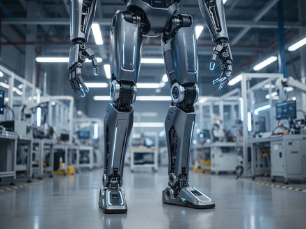 A sleek, futuristic humanoid robot, resembling Tesla Optimus, stands in a high-tech manufacturing facility, highlighting its advanced legs and hands. - Foto: über boerse-global.de