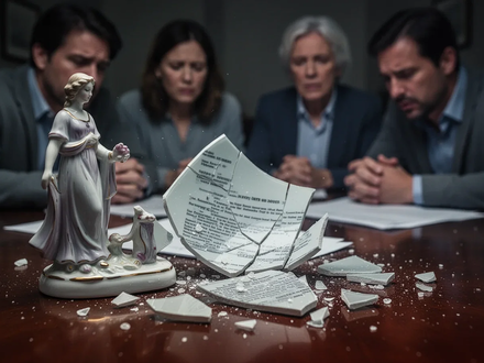 Eine zerbrochene Porzellanfigur auf einem Holztisch, im Hintergrund unscharf ein juristisches Dokument und eine gestresste Familie. - Foto: über boerse-global.de