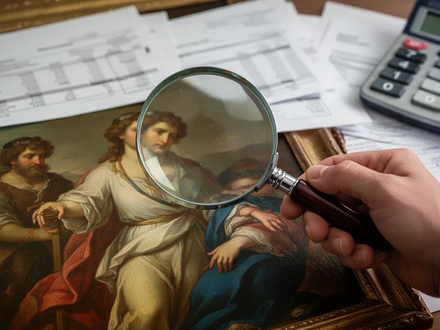 Eine Hand hält eine Lupe über einem Kunstwerk, mit verschwommenen Finanzdokumenten und einem Taschenrechner im Hintergrund. - Foto: über boerse-global.de