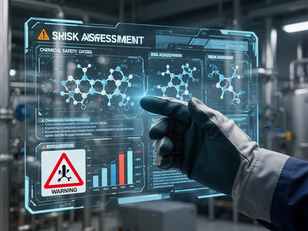 Eine behandschuhte Hand interagiert mit einer holografischen Anzeige, die Chemikaliensicherheitsdaten und Risikoanalysen darstellt. - Foto: über boerse-global.de