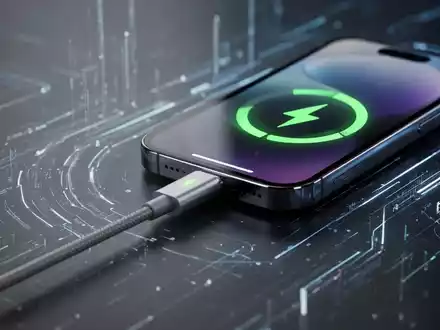 Ein iPhone 17, das über ein Ladekabel angeschlossen ist, mit einem Ladesymbol auf dem Bildschirm und einem abstrakten Technologiehintergrund. - Foto: über boerse-global.de