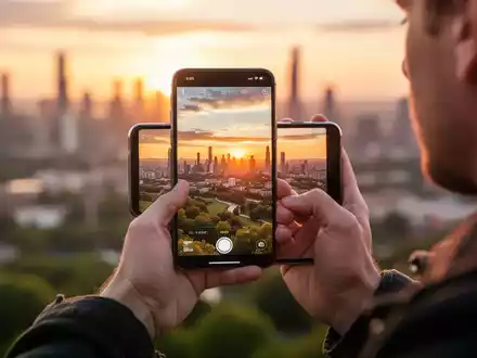 A person using an iPhone to photograph a scenic landscape, emphasizing mobile photography and digital learning. - Foto: über boerse-global.de