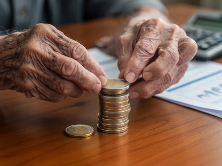 Ältere Hände zählen sorgfältig einen kleinen Stapel Euro-Münzen auf einem Holztisch, im Hintergrund unscharfe Finanzdokumente. - Foto: über boerse-global.de