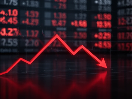Ein roter Liniengraph zeigt einen starken Rückgang auf einer dunklen, reflektierenden Oberfläche, umgeben von verschwommenen digitalen Zahlen. - Foto: über boerse-global.de