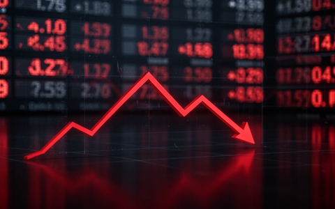 Ein roter Liniengraph zeigt einen starken Rückgang auf einer dunklen, reflektierenden Oberfläche, umgeben von verschwommenen digitalen Zahlen. - Foto: über boerse-global.de