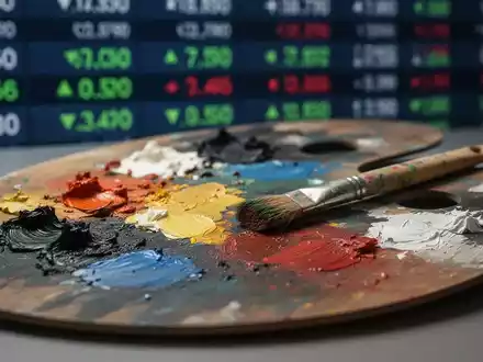 Eine Nahaufnahme einer Farbpalette mit lebhaften Farben und einem Pinsel, im Hintergrund verschwommen ein Börsenticker. - Foto: über boerse-global.de
