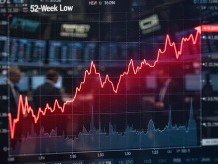 Nahaufnahme eines digitalen Bildschirms mit einem fallenden Börsenchart und einer roten Linie, die ein 52-Wochen-Tief anzeigt. - Foto: über boerse-global.de