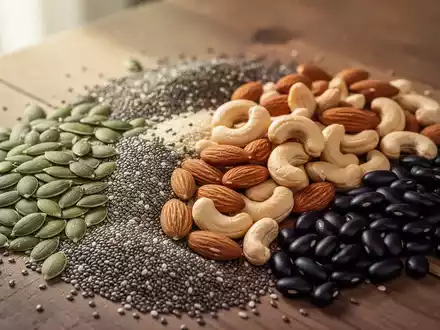 Eine Nahaufnahme eines gesunden Essens mit Kürbiskernen, Chiasamen, Mandeln, Cashewnüssen und schwarzen Bohnen, angerichtet auf einem Holztisch. - Foto: über boerse-global.de