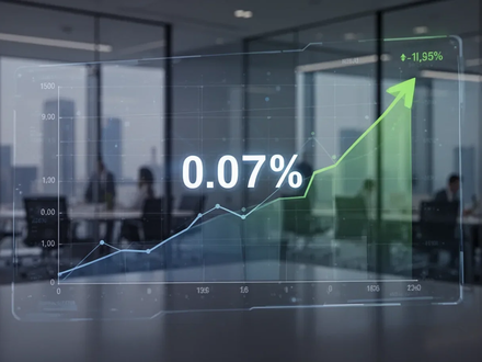 Ein stilisiertes digitales Finanzdiagramm, das eine sehr kleine Gebühr von 0,07 % anzeigt, mit einem unscharfen Bürohintergrund. - Foto: über boerse-global.de