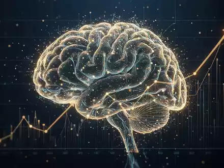 Eine stilisierte, leuchtende digitale Gehirnstruktur, die mit einem aufsteigenden Finanzdiagramm überlagert ist, symbolisiert KI-Technologie und Wachstum. - Foto: über boerse-global.de