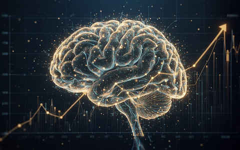Eine stilisierte, leuchtende digitale Gehirnstruktur, die mit einem aufsteigenden Finanzdiagramm überlagert ist, symbolisiert KI-Technologie und Wachstum. - Foto: über boerse-global.de