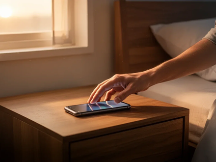 Eine Hand legt ein Smartphone auf einen Nachttisch, während Sonnenlicht durch ein Fenster fällt und einen friedlichen Morgen andeutet. - Foto: über boerse-global.de