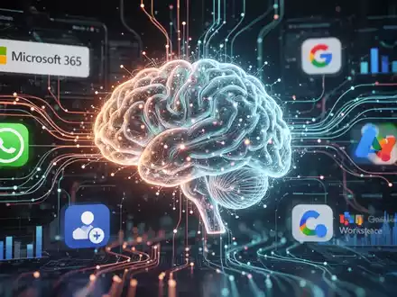 A glowing AI brain icon over a digital interface with abstract data flows and logos of productivity software, representing task automation. - Foto: über boerse-global.de