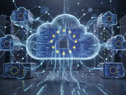 Abstrakte Darstellung von Datenflüssen in Cloud-Servern mit integrierten EU-Elementen, die Datenschutz und digitale Souveränität symbolisieren. - Foto: über boerse-global.de