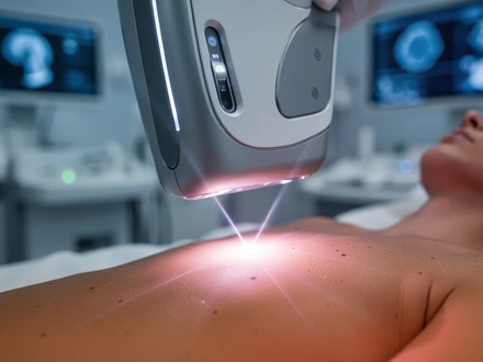 Nahaufnahme eines modernen medizinischen Lasergeräts, das einen präzisen Lichtstrahl auf die Haut eines Patienten richtet. - Foto: über boerse-global.de