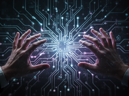 Human hands reaching towards a glowing, complex neural network, symbolizing the interaction and potential loss of control over advanced AI. - Foto: über boerse-global.de
