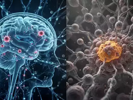 Nahaufnahme eines stilisierten Gehirnscans, der die komplexen Verbindungen von Neuronen und Immunzellen zeigt, die mit Amyloid-Plaques interagieren. - Foto: über boerse-global.de