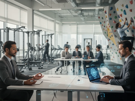 Führungskräfte bei verschiedenen Morgenroutinen: Meditation, Tablet-Nutzung mit KI und Klettern, in einem modernen Büro und Fitnessraum. - Foto: über boerse-global.de