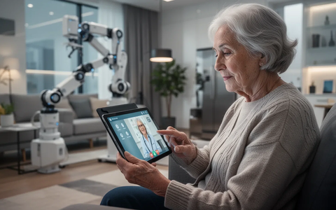 Eine ältere Frau benutzt ein Tablet für eine Telekonsultation, im Hintergrund ein Roboterarm. Sie sitzt in einem modernen Zuhause. - Foto: über boerse-global.de