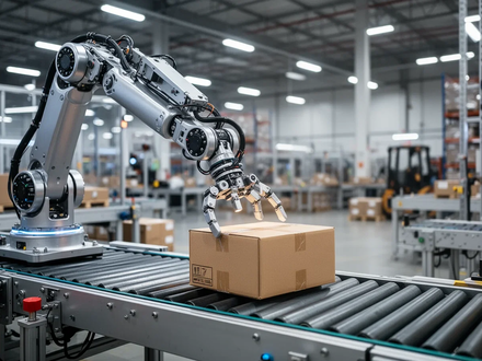 A close-up of a robotic arm in a modern logistics warehouse, accurately placing a package on a conveyor belt. - Foto: über boerse-global.de