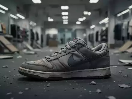 Ein einzelner, leicht abgenutzter Nike-Sneaker auf einer dunklen Oberfläche, im Hintergrund ein unscharfer, leerer Raum. - Foto: über boerse-global.de