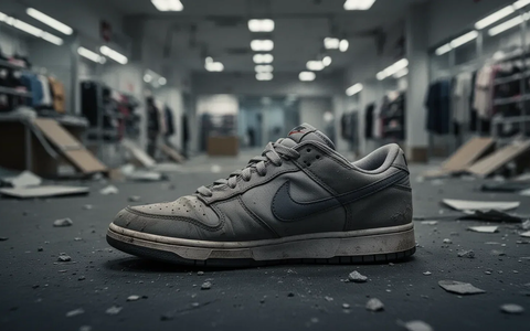 Ein einzelner, leicht abgenutzter Nike-Sneaker auf einer dunklen Oberfläche, im Hintergrund ein unscharfer, leerer Raum. - Foto: über boerse-global.de