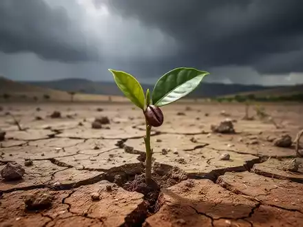 Kaffeebohnenspross in trockener, rissiger Erde unter dramatischem Himmel, der Dürre und die Bedrohung durch El Niño symbolisiert. - Foto: über boerse-global.de