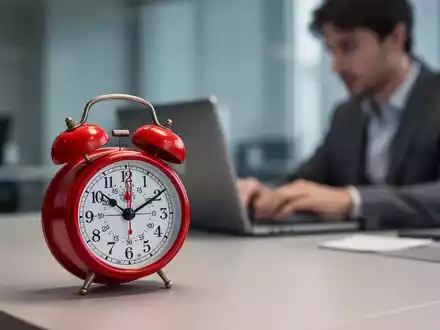 Ein roter Pomodoro-Küchentimer auf einem modernen Schreibtisch mit einer unscharfen Person, die im Hintergrund am Laptop arbeitet. - Foto: über boerse-global.de