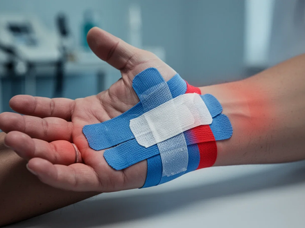 Nahaufnahme einer Hand mit Kinesiotape am Handgelenk, das Karpaltunnelsyndrom behandelt, in einer medizinischen Umgebung. - Foto: über boerse-global.de
