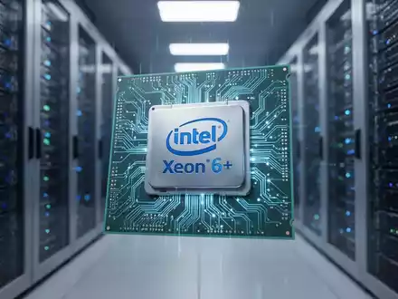Nahaufnahme eines Intel Xeon 6+ Prozessors mit komplexer Schaltung, umgeben von Server-Racks in einem Rechenzentrum. - Foto: über boerse-global.de