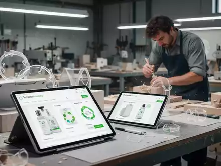 Ein Handwerker nutzt ein digitales Tablet in einer Werkstatt, um Informationen über ein Produkt anzuzeigen, mit Werkzeugen im Hintergrund. - Foto: über boerse-global.de