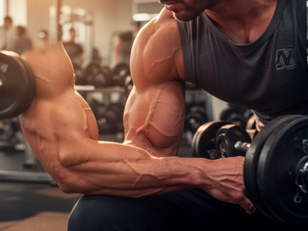Ein muskulöser Athlet ruht sich in einem Fitnessstudio aus, mit Fokus auf den Arm und verschwommenen Gewichten im Hintergrund. - Foto: über boerse-global.de