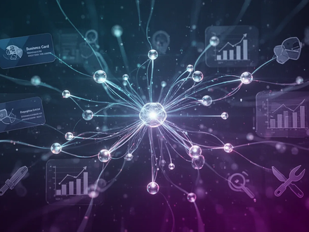 A graphic depicting artificial intelligence and digital design, with interconnected nodes and glowing lines, overlaid with icons of business cards and sales charts. - Foto: über boerse-global.de